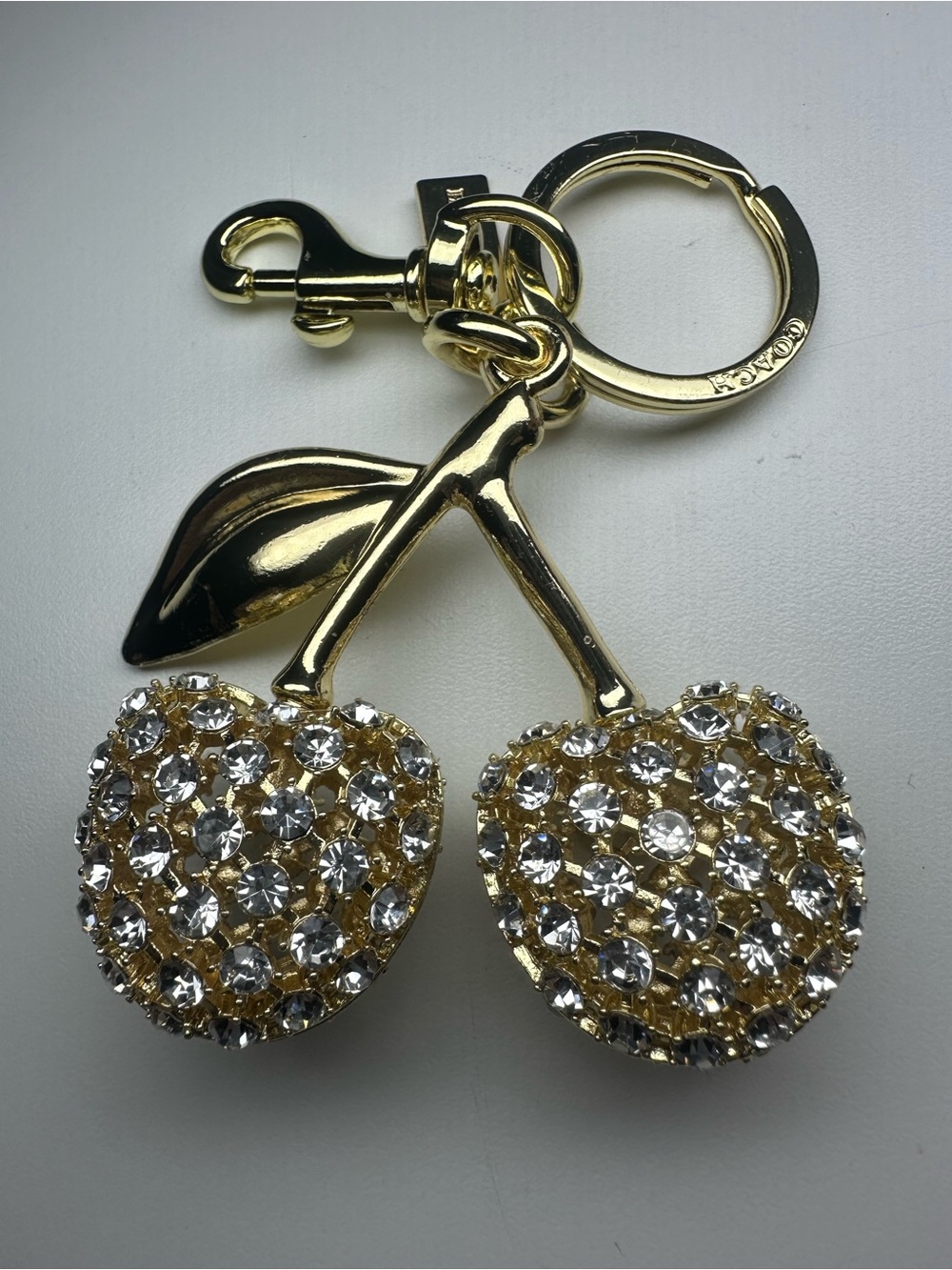 Coach Crystal Cherry Bag Charm Gold Brass Clear Pave CCD32 Keychain Key Ring